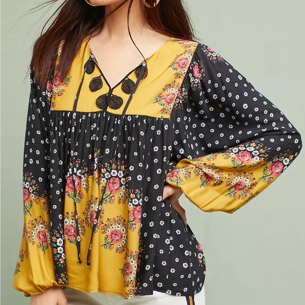 Farm Rio Intarsia Boho Patchwork Peasant Top
